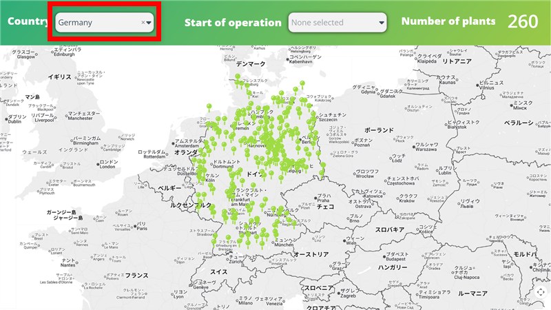 ヨーロッパ各国ごとのバイオメタン生産施設の表示