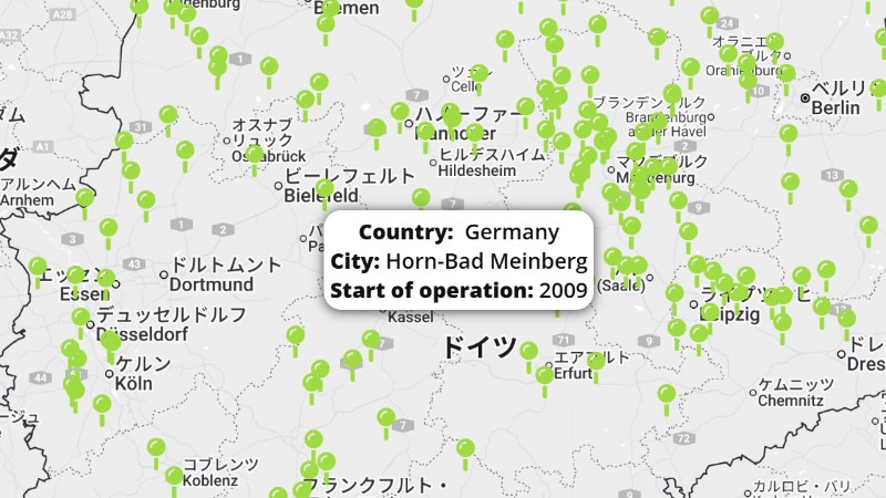 European Biomethane Map プラントの都市名や稼働時期